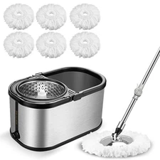 Spin Mop Bucket System Stainless Steel Bucket and Mop Set with 6 Microfiber R...