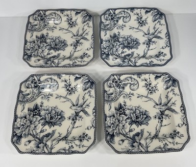 222 Fifth Adelaide Blue & White Square Salad Plate 8.5  4 Pcs.Toile Bird Floral