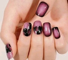 20 Semi Cured Gel Nail Stickers Wraps UV Lamp Required, Purple Hive Glitter 