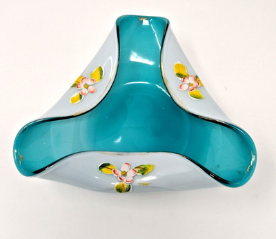 NASCO Japan Raised FLORAL Glass Bowl AQUA WHITE GOLD TRIM Triangle design Folded
