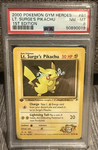 2000 Pokemon Gym Heroes 1st Ed. Lt. Surge’s Pikachu Psa 8