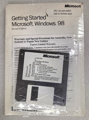 Sealed Genuine Microsoft OEM Windows 98 SE FULL OS Boot Disk & CD w/License Key
