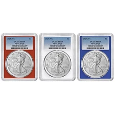 2025 (W) $1 American Silver Eagle 3pc Set PCGS MS69 Blue Label Red White Blue