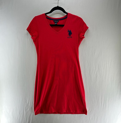 US Polo Assn Sneaker T-Shirt Dress Women S V-Neck Short Sleeve Logo Pullover Red