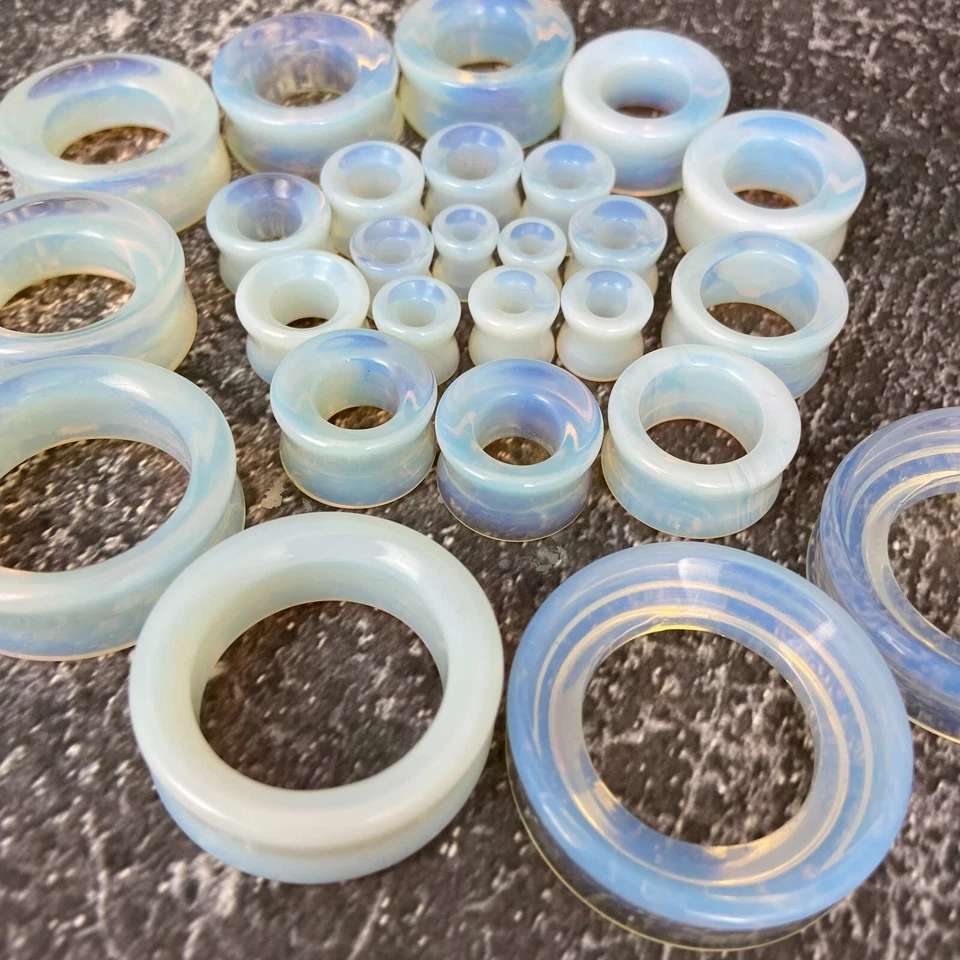 Par de túneles cóncavos de piedra opalita conjunto medidores tapones orgánicos Foto 3 de 4