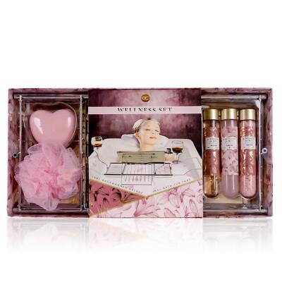 Wellness Geschenk Set Badewannentablett Duschgel Schaumbad Badesalz & Badefizzer