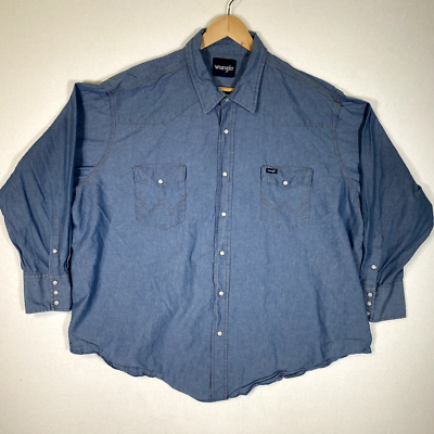 Vintage Wrangler denim shirt mens size 20x35 blue pearl snap