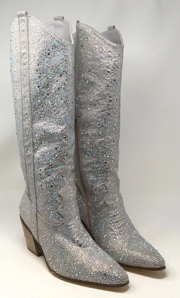 Bota vaquera vaquera sin marca para mujer talla 9 plateada con estrás brillante hasta la rodilla Foto 2 de 4