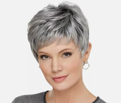 Short Layered Pixie Cut Dark Roots Gray Synthetic Hair Wigs For Women Natural