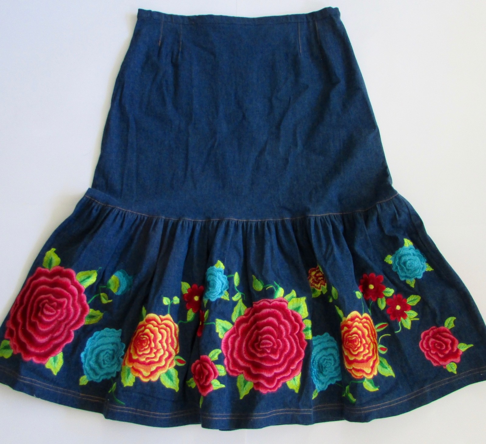 Falda Larga Denim ROJA Bordada Floral Fiesta Mexicali Flamenca "OTOMI" XL