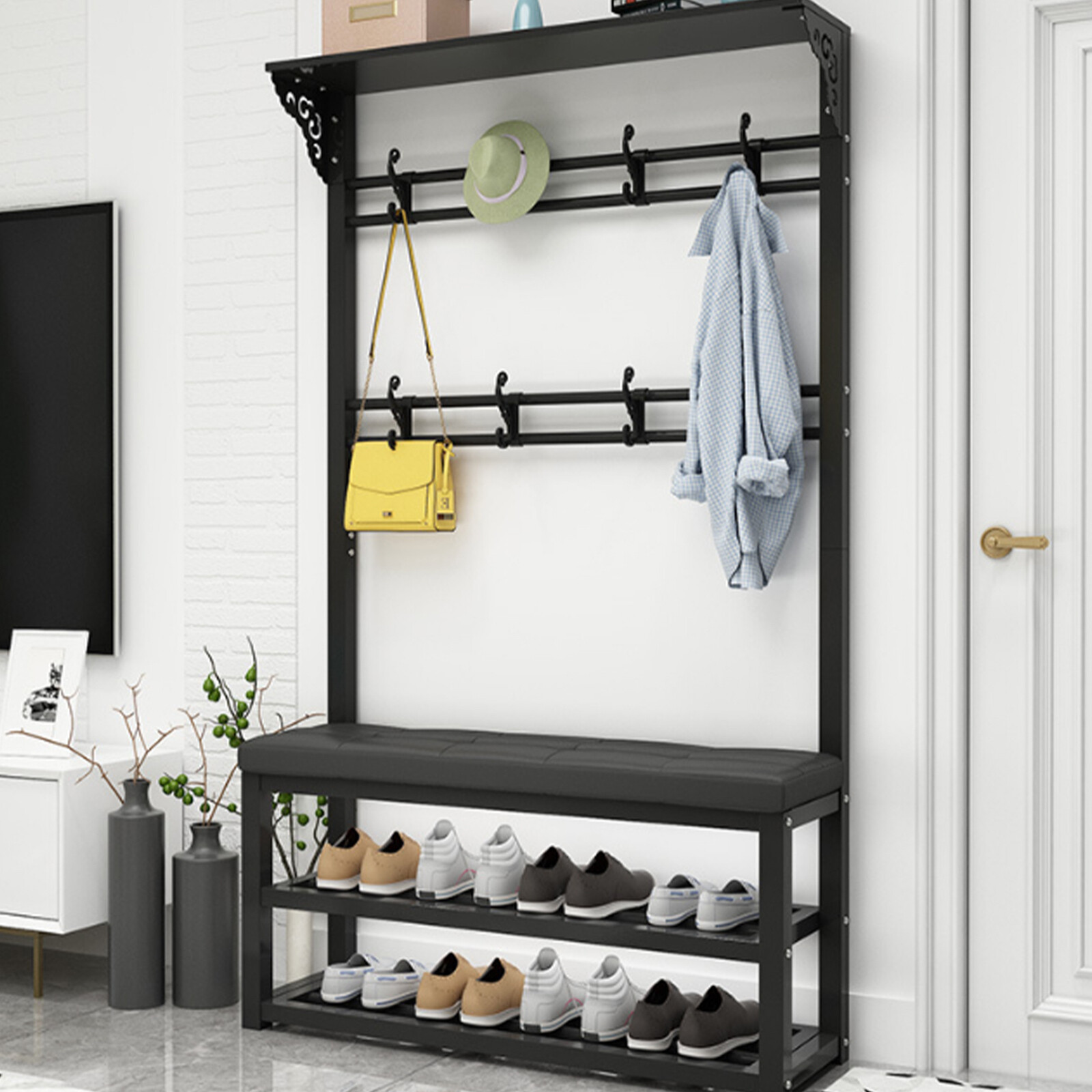 Entryway Hall Tree Coat Rack Shoe Bench with 8 Hooks for Clothing, Shoes & Hats Storage  