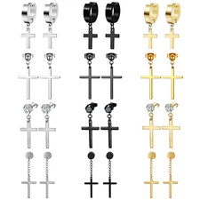 12 Pairs Cross Dangle Ear Stud Earrings Hoop Hinged Clip-on Earrings Women Men's