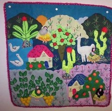 WALL HANGING, VINTAGE, HANDMADE,19 X 19 1/4" LINED, PART RAISED, COTTON, ETHNIC