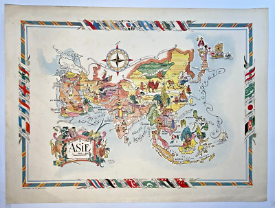 ASIA 1951 by JACQUES LIOZU LARGE PICTORIAL MAP 20TH CENTURY | eBay