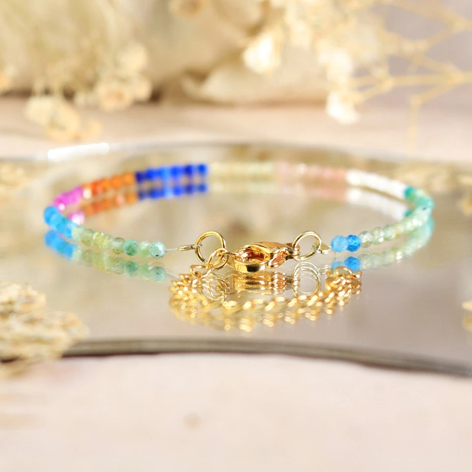 Natural Rainbow Multi Gemstone Beaded Healing Reiki Dainty Crystal Bracelet - Image 3 of 4