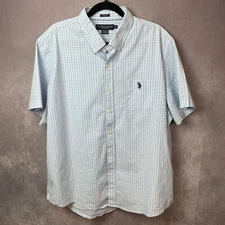 US Polo Assn Shirt Mens XXL Button Down Plaid Blue White Short Sleeve Pony