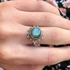 Gorgeous Fire Labradorite Round Gemstone Ring 925 Sterling Silver Elegant Ring