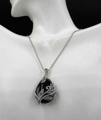 SLC Sterling Silver Black Onyx/Marcasite Pendant, Italian Sterling Chain, 17 