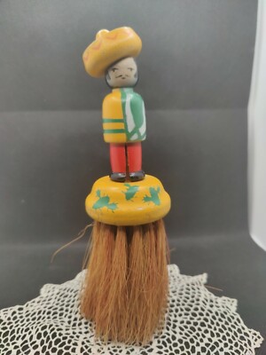Antique Amigo In Sombrero Hat on Brush, Wooden Clothing or Dresser Brush. Crumb