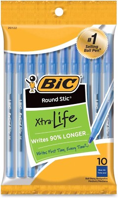 BIC Round Stic Ball Pens Stick Blue Medium Point 10 count-Pack