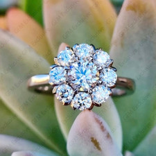 1.55 TCW Round Moissanite Flower Halo Engagement Ring In 14K White Gold Plated