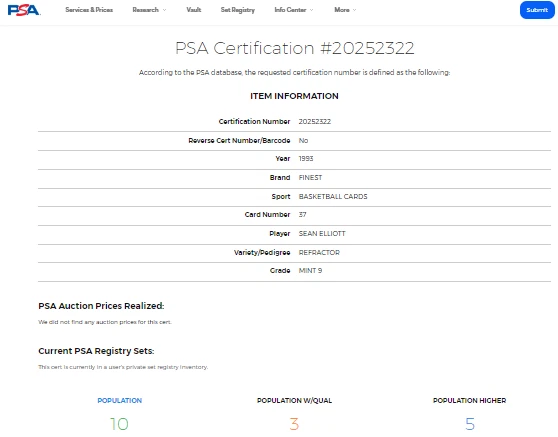 1993 1993-94 Topps Finest Refractor 37 Sean Elliott PSA 9 *Only 5 Graded Higher* - Image 3 of 3