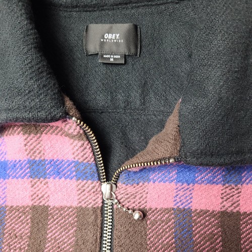 Obey Woman/ man Pink plaid Zip up jacket heavy cotton distressed - Picture 5 of 9
