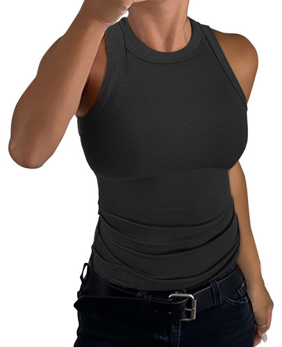 Canotta donna senza maniche racerback collo alto basic maglia a costine aderente nera M - Foto 1 di 6