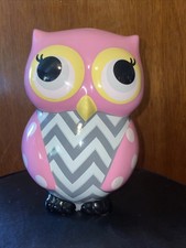 Owl Pink  White Polka Dot Grey  White Chevron Pattern Piggy Bank 7" Tall