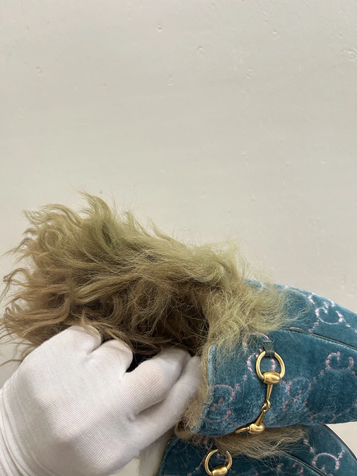 GUCCI GG 8 US 38 EU Princetown Fur Mule Horsebit Loafer Blue Velvet GM77 - Image 4 of 4