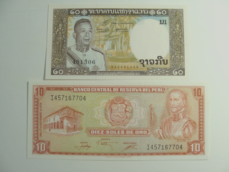 1963 LAOS BANKNOTE 20 KIP SIGN 6  P-11b, 1976 PERU 10 SOLES DE ORO  P-112 UNC