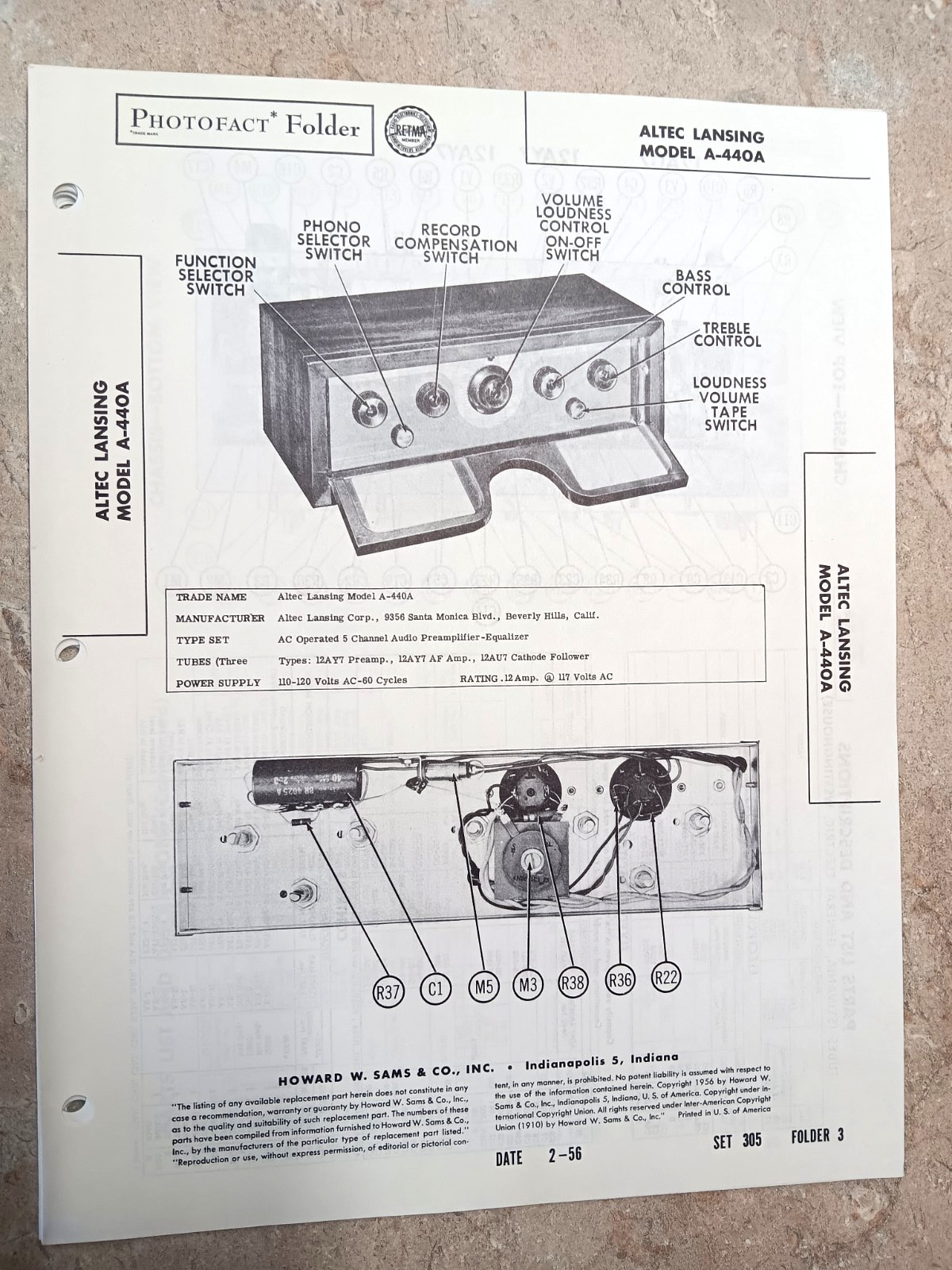 NOS SAMS PHOTOFACT SERVICE MANUAL 305/3 Altec Lansing A-440A pre-amp eq
