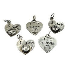 925 Sterling Silver I Love Sports Heart Charms Made in USA Choose Your Sport