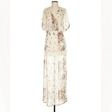 ZARA Cream Sheer Romantic Whimsy Maxi Dress Sz M Boho Chic Chiffon Bird Flower