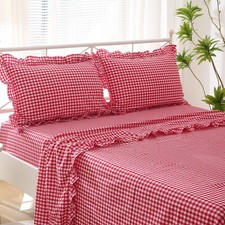 Red White Plaid Ruffle Sheets Full Size 4-Piece Set, 300TC 100 Yarn Dyed Cot...