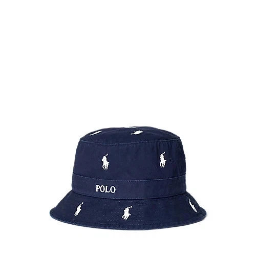 POLO RALPH LAUREN MENS TWILL ALLOVER PONY BUCKET HAT NAVY/WHITE#710800570001-NWT
