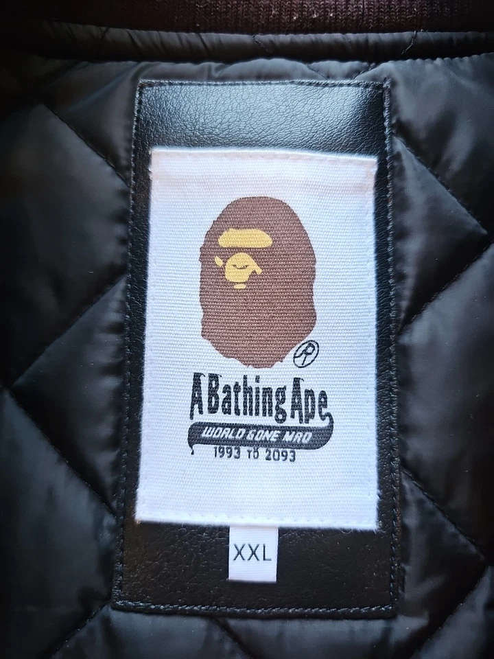 Bape A Bathing Ape Varsity Brown Full-Snap Wool/Leather Jacket Size XXL - Image 2 of 4