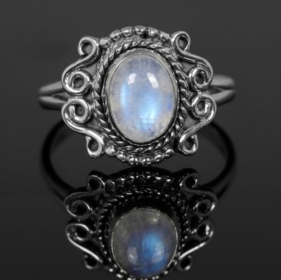 Natürlicher Mondstein Sterlingsilber filigran Boho Ring, Größe L N U Geschenk verpackt