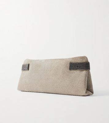 NWT NEW Brunello Cucinelli Bead-embellished Taupe Grey Suede