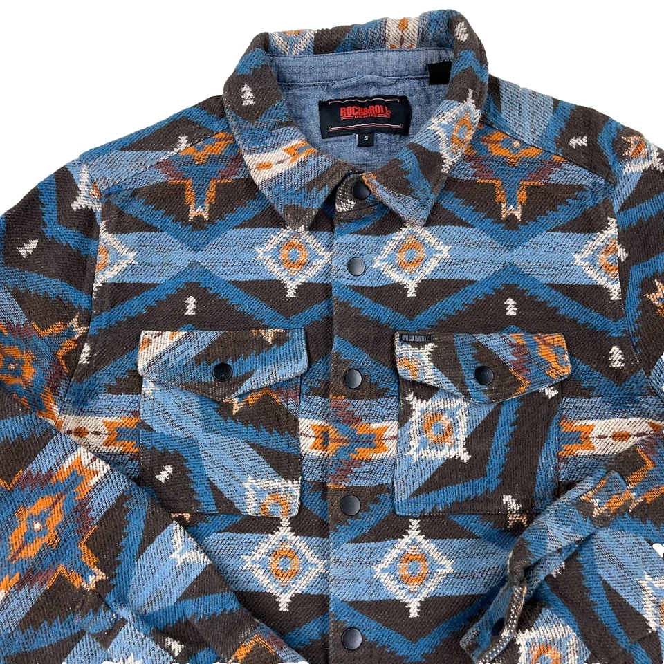 Rock & Roll Denim Shacket Men Small Brown Blue Southwestern Aztec Snap Unlined - Image 2 of 4
