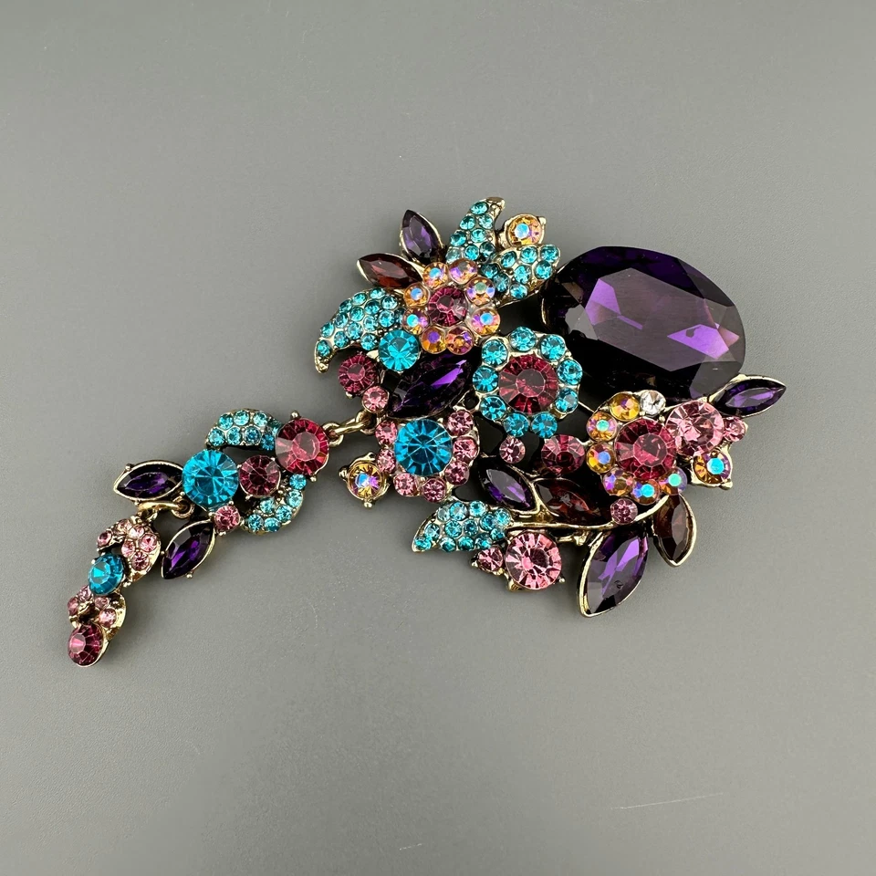 Broche Flor Estrás Cascada Grande Declaración Púrpura Rosa Azul Rojo Moderno Foto 2 de 4