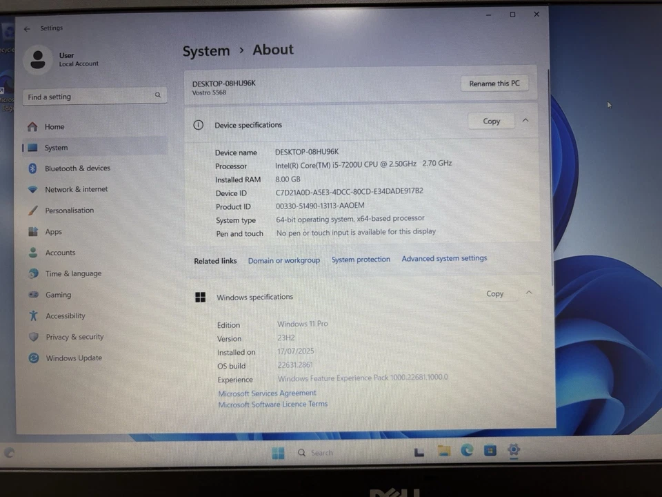 Dell Laptop Vostro 15 5568 i5-7200 8GB RAM 256GB SSD Windows 11 Pro Small Dent - Image 2 of 4