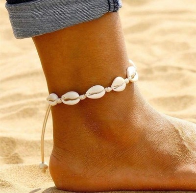 Buntes Boho Kauri Muschel Armband Fußkettchen für Frauen verstellbar Lagenlook Seil