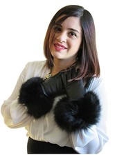 Cashmere Lined Lambskin Black Leather Gloves W/Fox Trim 8 Black Fox