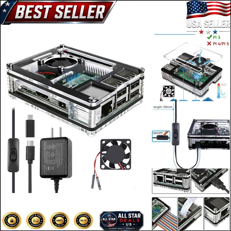 Raspberry Pi 3 B+ Cooling Case with Aluminum Heatsinks & Power Supply Included