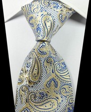 New Paisley Beige Blue White Jacquard Woven 100 Silk Fashion Men's Tie Necktie