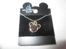 Disney World Mickey Mouse Necklace Silver Tone W/ Purple Sparkling Center