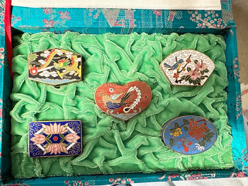 Vintage Chinese Cloisonne Pill Boxes~Set Of 5 In Original Box~