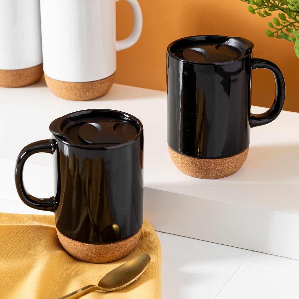Gibson Home Modani 2-Pack oz Mug Set w/ Removable Cork Base Lid  Black