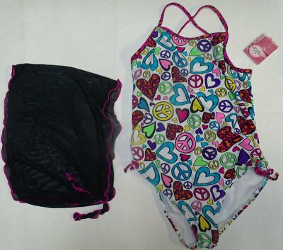 NEW JOE BOXER 1 PIECE SWIMSUIT & COVER-UP SKIRT PEACE HEART SZ 12 1/2 / 12 PLUS